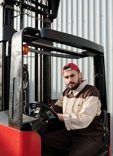 Portrait of a forklift operator inside a warehouse, wearing a uniform and cap.